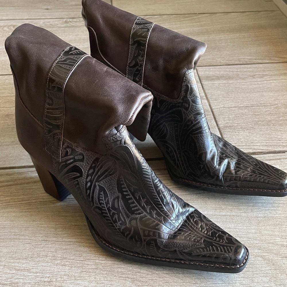 ANTONIO MELANI Dark Brown Embossed Leather Mid-Calf Heeled Boots
